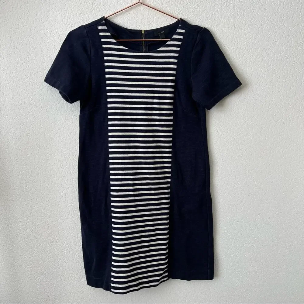 J Crew Knit Shift Dress Heather Navy Blue Cream Ivory Stripe exposed zipper
